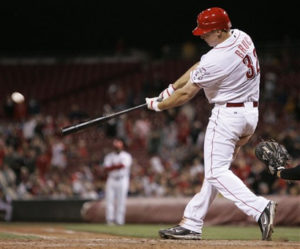 Cincinnati Reds' Jay Bruce hits a double off Pittsburgh Pirates pitcher Marino Salas to drive in a run in the seventh inning of a baseball game, Tuesday, May 27, 2008, in Cincinnati. Bruce was making his major league debut. (AP Photo/Al Behrman)