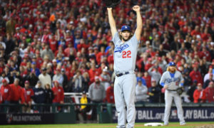Oct 13, 2016; Washington, DC, USA; Los Angeles Dodgers pitcher Clayton Kershaw (22) reacts after game five of the 2016 NLDS playoff baseball game against the Washington Nationals at Nationals Park. The Los Angeles Dodgers won 4-3. Mandatory Credit: Brad Mills-USA TODAY Sports ORG XMIT: USATSI-327360 ORIG FILE ID:  20161013_kek_au3_136.JPG