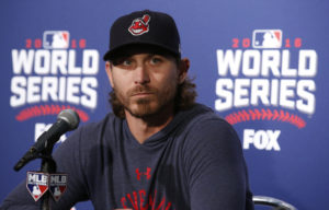 Cleveland Indians starting pitcher Josh Tomlin listens to a question during a news conference for Friday's Game 3 of the Major League Baseball World Series against the Chicago Cubs, Thursday, Oct. 27, 2016, in Chicago. (AP Photo/Nam Y. Huh) ORG XMIT: WS128